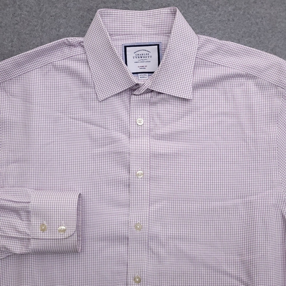 Charles Tyrwhitt Dress Shirt Mens 16.5 35 Classic Fit Non Iron White Grid Check